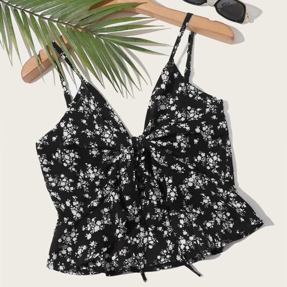 Black Floral Tie Up Tank Top Over Shirt - Picture 1 of 4